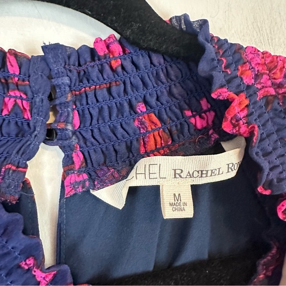 Rachel Roy | Navy Blue Pink Floral Bell Sleeve Cinched Waist Dress Size Medium - Picture 4 of 8